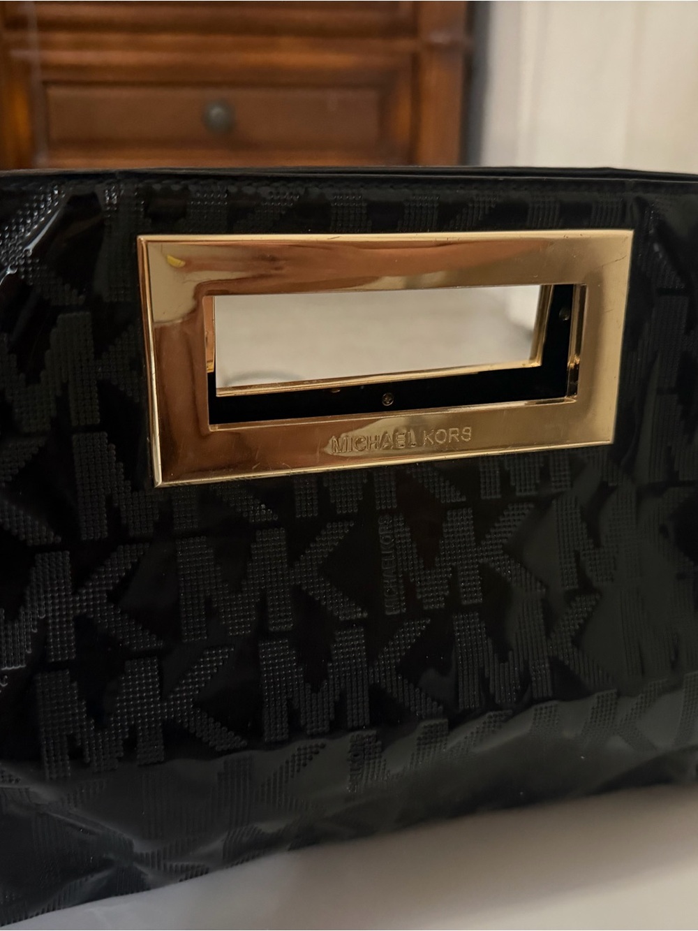 Michael Kors Black Patent Logo Clutch with Gold-Tone Handle